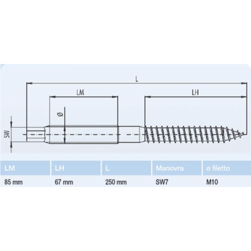 Vite Doppio Filetto per Superfici in Legno 250mm M10 ORBIS OB620210