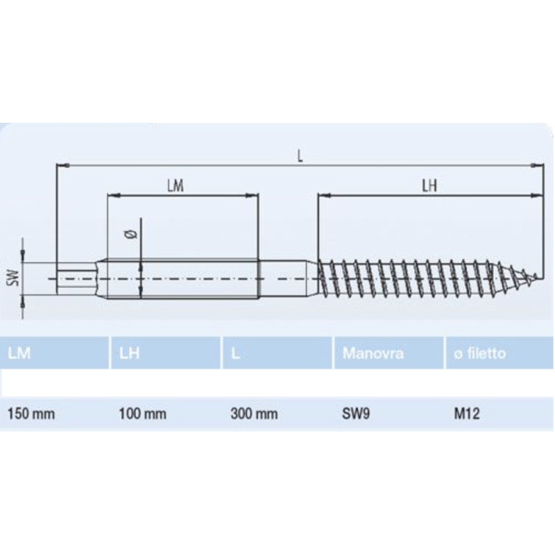 Vite Doppio Filetto per Superfici in Legno 300mm M12 ORBIS OB620215