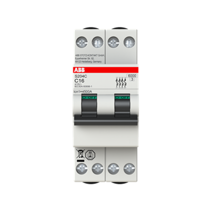 Interruttore Automatico 16A 6 kA 4 Poli 2 Moduli ABB S204CC16 fronte