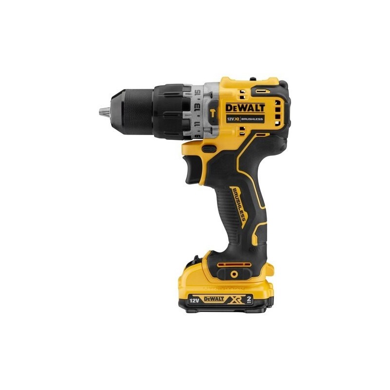 Trapano avvitatore con Percussione a Batteria Compatto XR 12V 2x2.0Ah Dewalt DCD706D2-QW vista lato