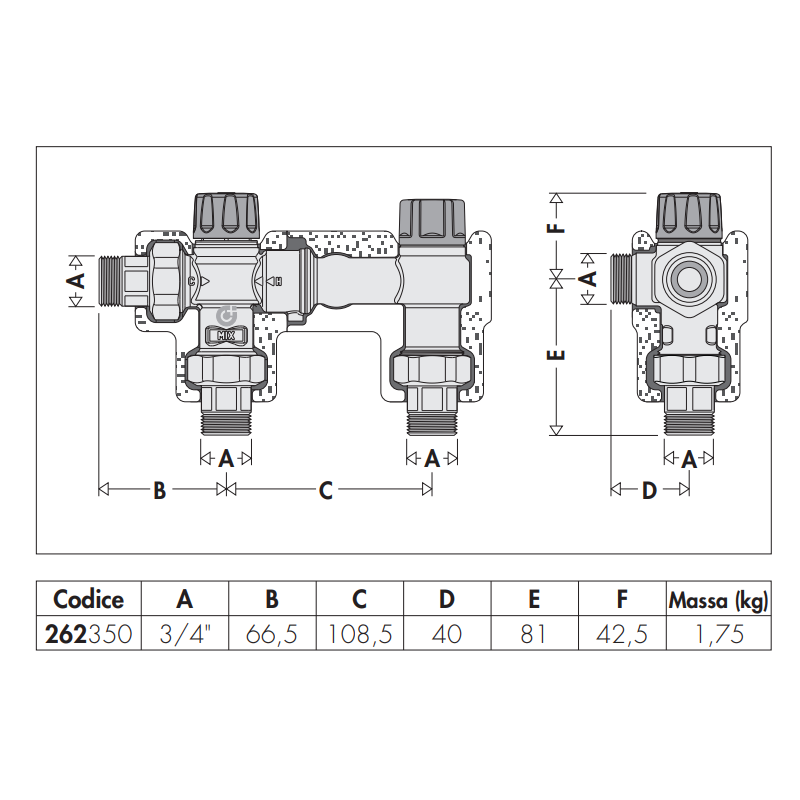 Dimensioni Kit termostatico di collegamento solare - caldaia 3/4" Caleffi 262350