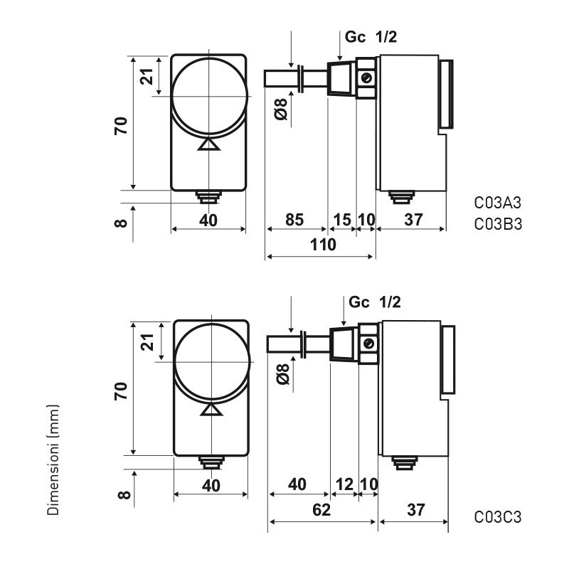 Dimensioni Termostato con guaina ad immersione serie C03 Fantini e Cosmi C03A3