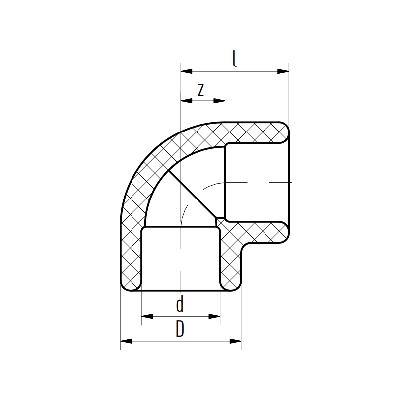 Riferimento dimensioni Raccordo a gomito a 90 gradi con attacchi F/F 20mm Aquatherm 1080020041