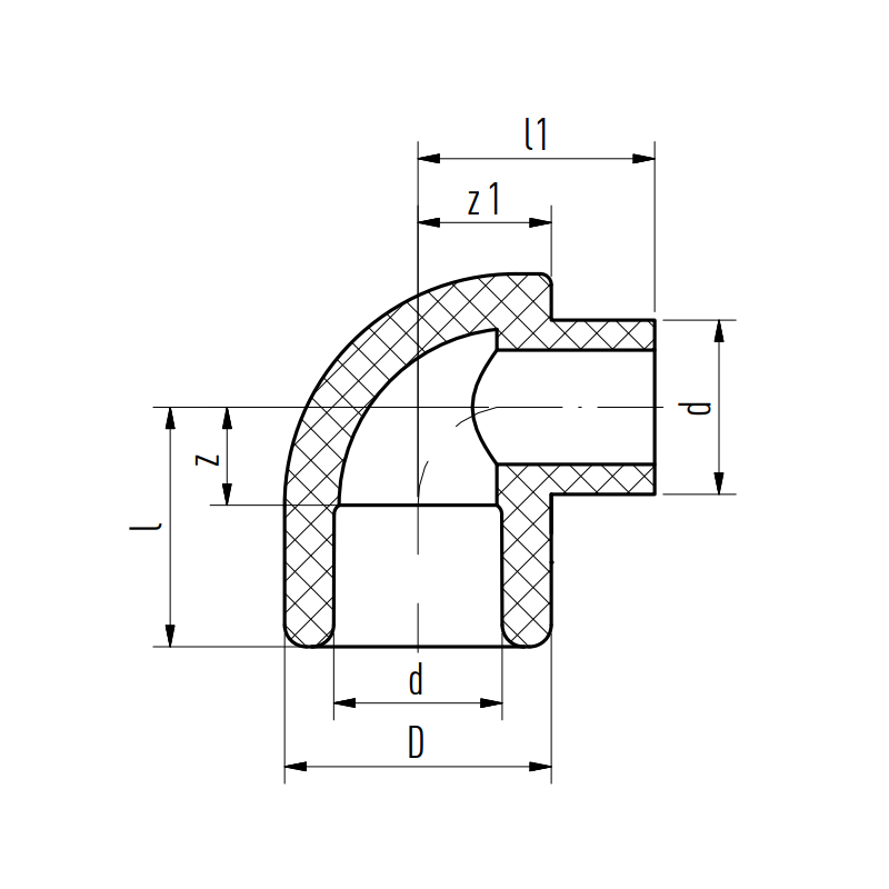 Riferimento dimensioni raccordo a gomito 90 gradi con attacchi M/F 20mm Acquatherm 1080020061