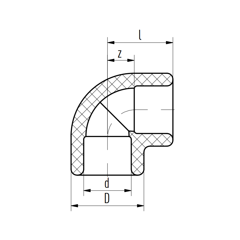 Riferimento dimensioni Raccordo a gomito a 90 gradi con attacchi FF 40mm Aquatherm 1080040044