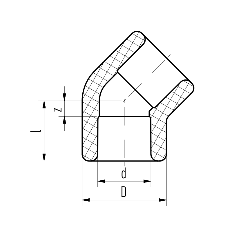 Riferimento dimensioni Raccordo a gomito a 45 gradi con attacchi FF 40mm Aquatherm 1080040005