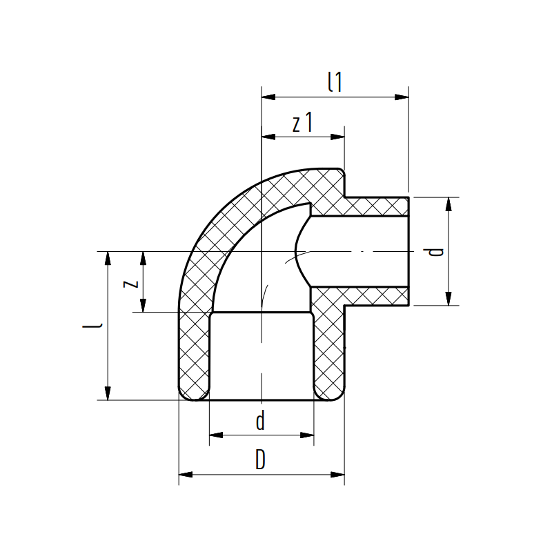 Riferimento dimensioni raccordo a gomito 90 gradi con attacchi M/F 25mm Acquatherm 1080025062