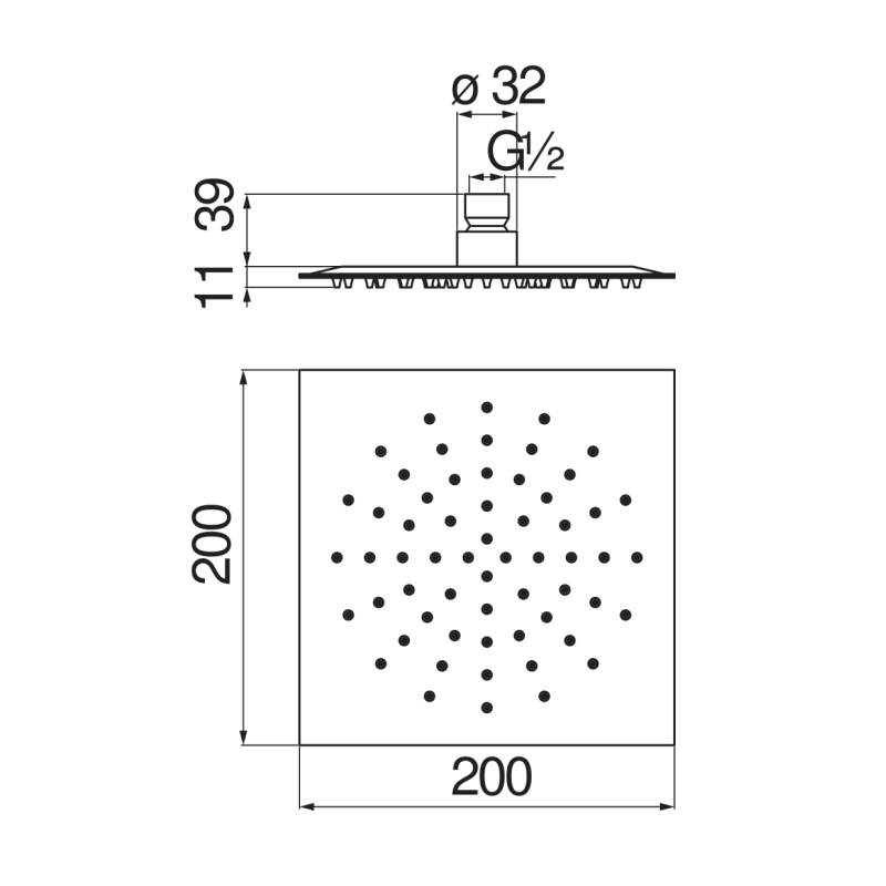 Riferimento dimensioni Soffione per doccia a snodo quadrato 200x200mm Nobili Carlo AD139/117CR