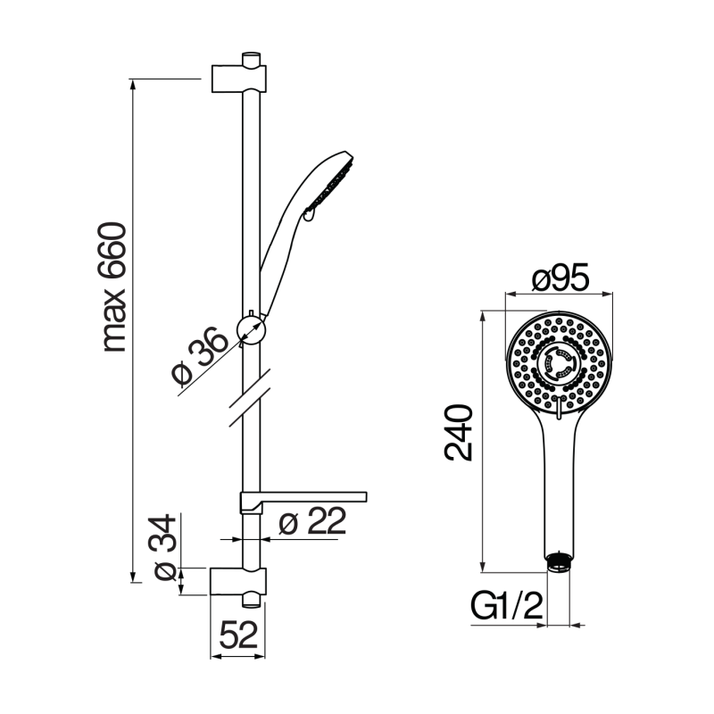 Riferimento dimensioni Asta per doccia con soffione a 3 getti e supporto Nobili Carlo AD140/61CR