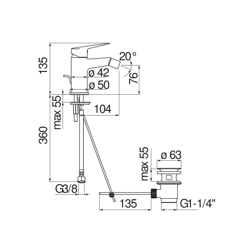 Riferimento dimensioni Miscelatore lavabo orientabile con scarico Nobili Carlo BSE101119/1CR