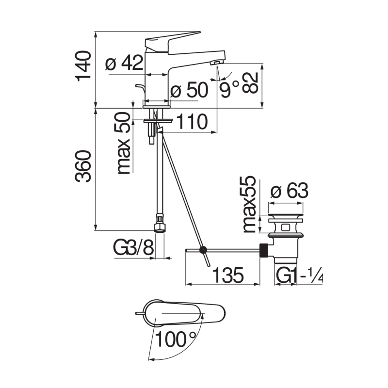 Riferimento dimensioni Miscelatore lavabo con scarico 5 litri al minuto Nobili Carlo BSH101118/1CR