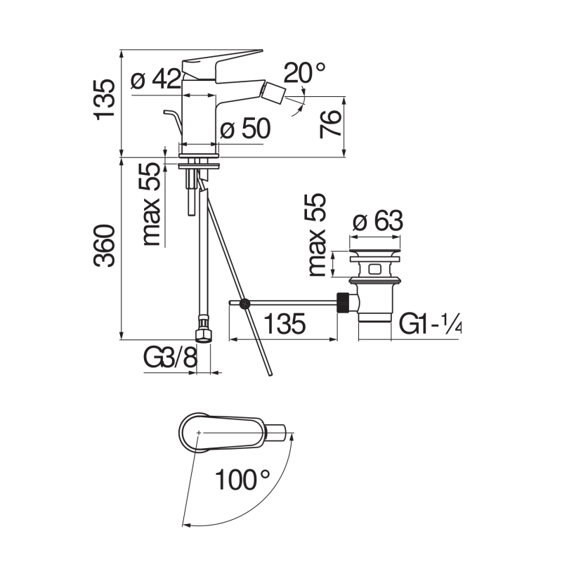 Riferimento dimensioni Miscelatore lavabo orientabile con scarico Nobili Carlo BSH101119/1CR