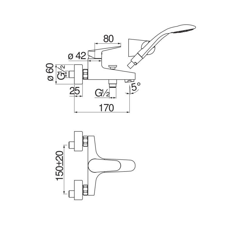 Riferimento dimensioni Kit doccia con miscelatore lavabo e soffione Nobili Carlo BS101110CR