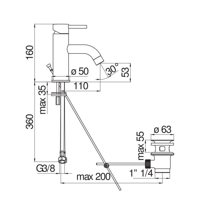 Riferimento dimensioni Miscelatore lavabo con scarico con attacco 1 1/4" Nobili Carlo LV00118/1CR