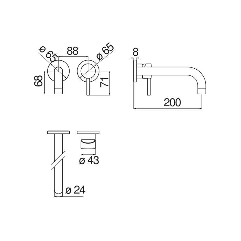 Riferimento dimensioni Miscelatore lavabo a parete con bocca lunga Nobili Carlo LV001991CR