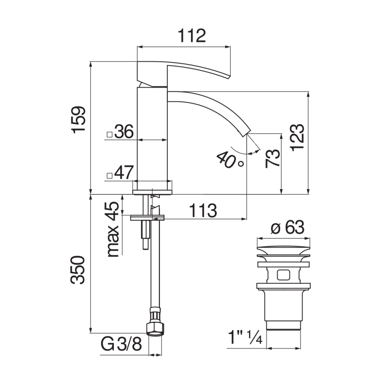 Riferimento dimensioni Miscelatore lavabo con scarico con attacco 1 1/4" Nobili Carlo RY00118/2CR