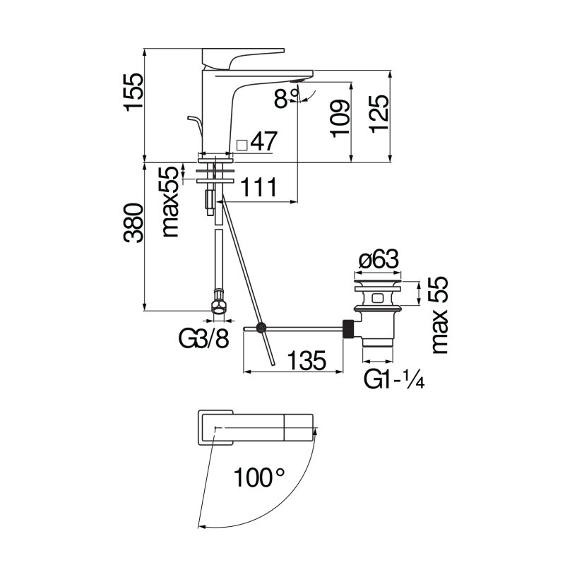 Riferimento dimensioni Miscelatore lavabo con scarico 1 1/4" Eco Nobili Carlo SEE124118/1CR