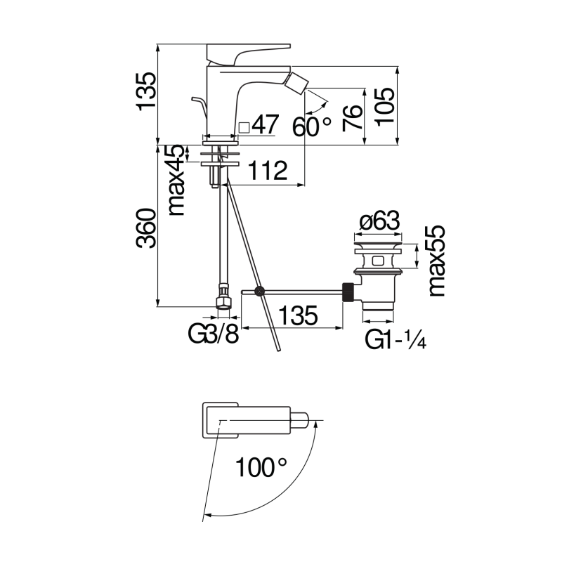 Riferimento dimensioni Miscelatore lavabo con scarico 1 1/4" Eco Nobili Carlo SEE124119/1CR