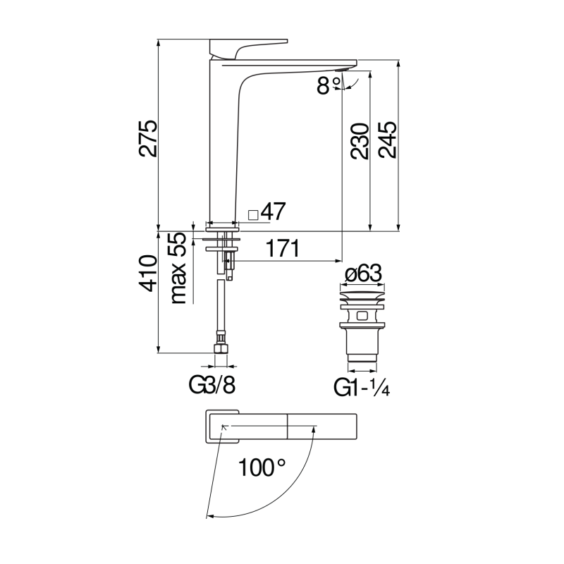 Riferimento dimensioni Miscelatore lavabo a bacinella scarico 1 1/4" Eco Nobili Carlo SEE124128/2CR
