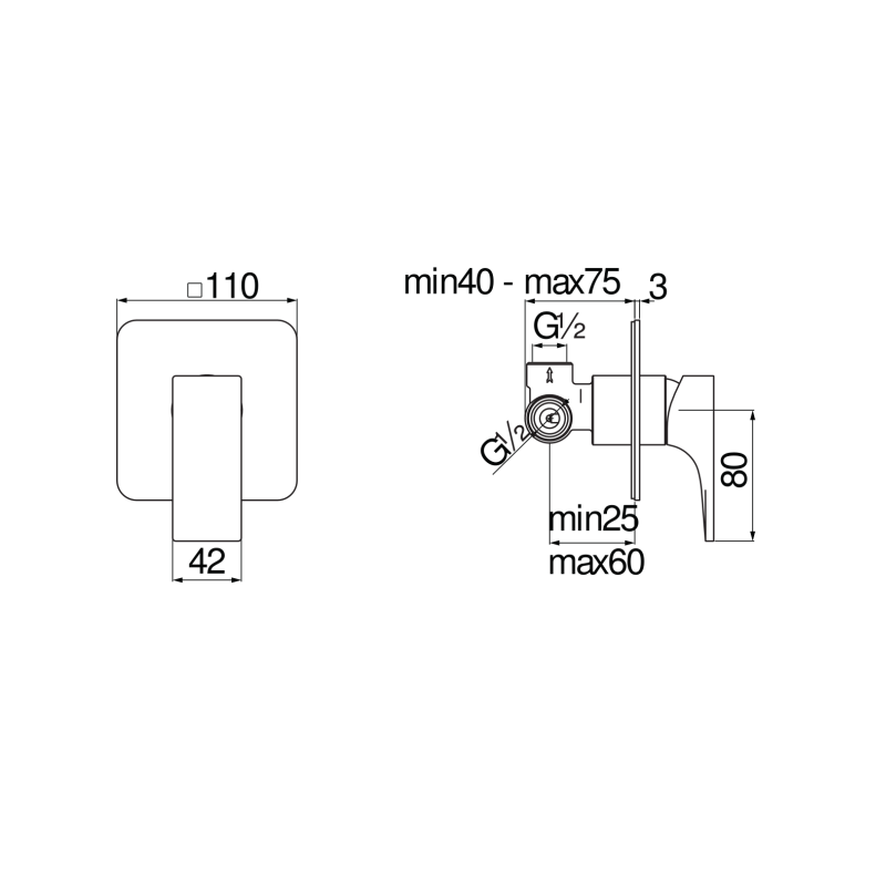 Riferimento dimensioni Miscelatore da incasso a 1 via per doccia Nobili Carlo SE124108CR