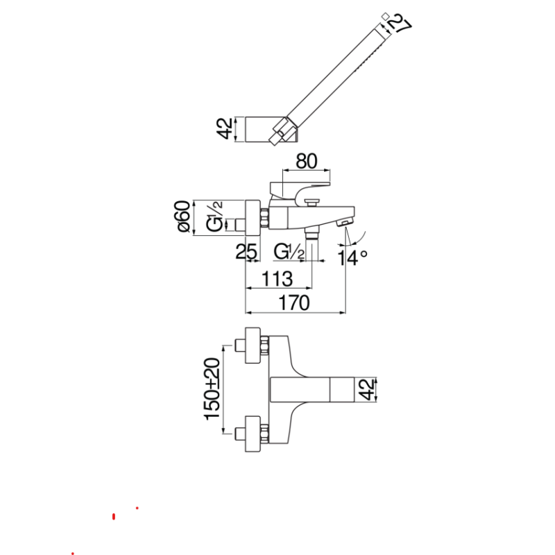 Riferimento dimensioni Kit doccia con miscelatore lavabo e soffione Nobili Carlo SE124110CR