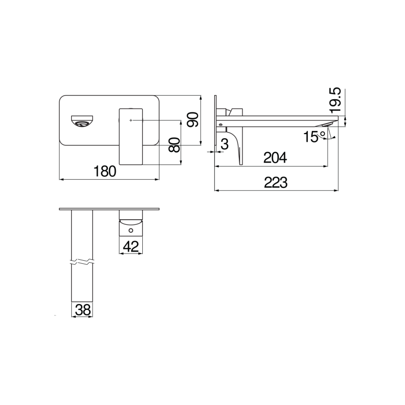 Riferimento dimensioni Miscelatore lavabo a parete con bocca lunga Nobili Carlo SE124198/1CR