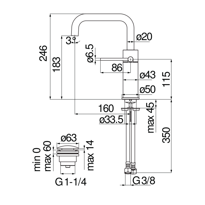 Riferimento dimensioni Miscelatore per cucina con corpo orientabile Nobili Carlo VE125118/2CR