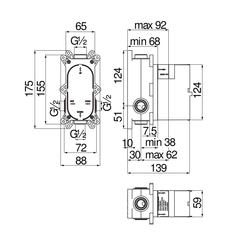 Riferimento dimensioni Corpo da incasso per miscelatore a 2 vie Nobili Carlo WE81100