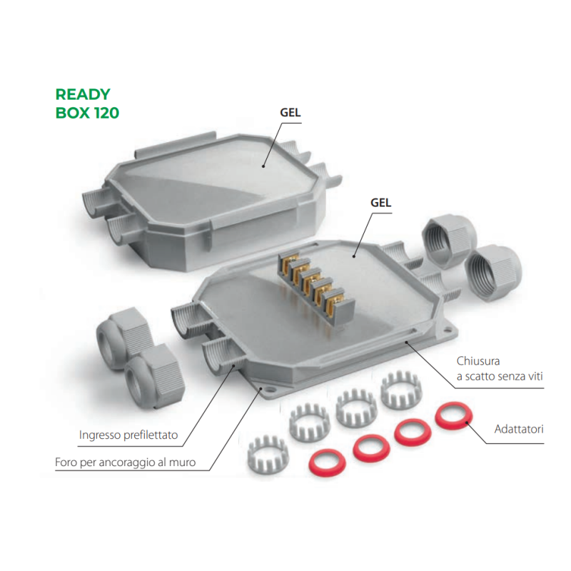 Cassetta di giunzione in gel a 4 ingressi IP68 Raytech READYBOX120