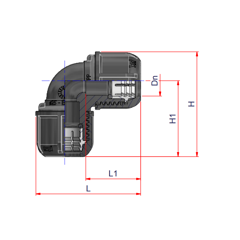 Riferimento dimensioni Gomito a 90 gradi KG
