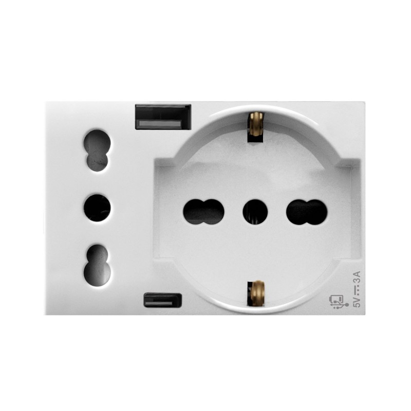 Presa Schuko bipasso + presa standard italiana + USB tipo A e C Domus S44 2P+T 10/16A 250V 3 moduli AVE 44109015USB