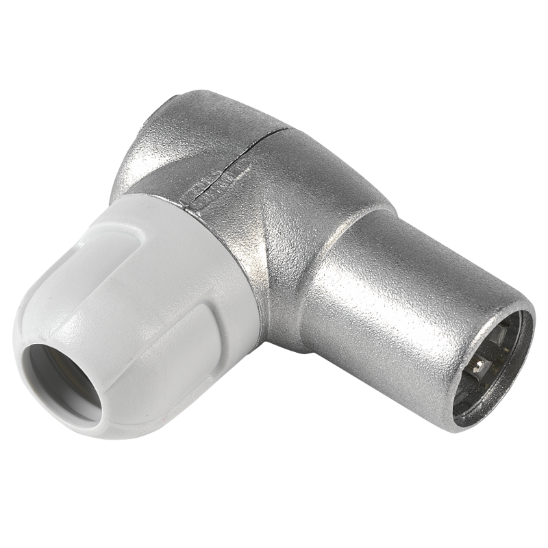 Connettore a 90 gradi IEC Maschio in zamak per cavi coassiali diametro 5-6.9mm TELEVES 4130 Lato