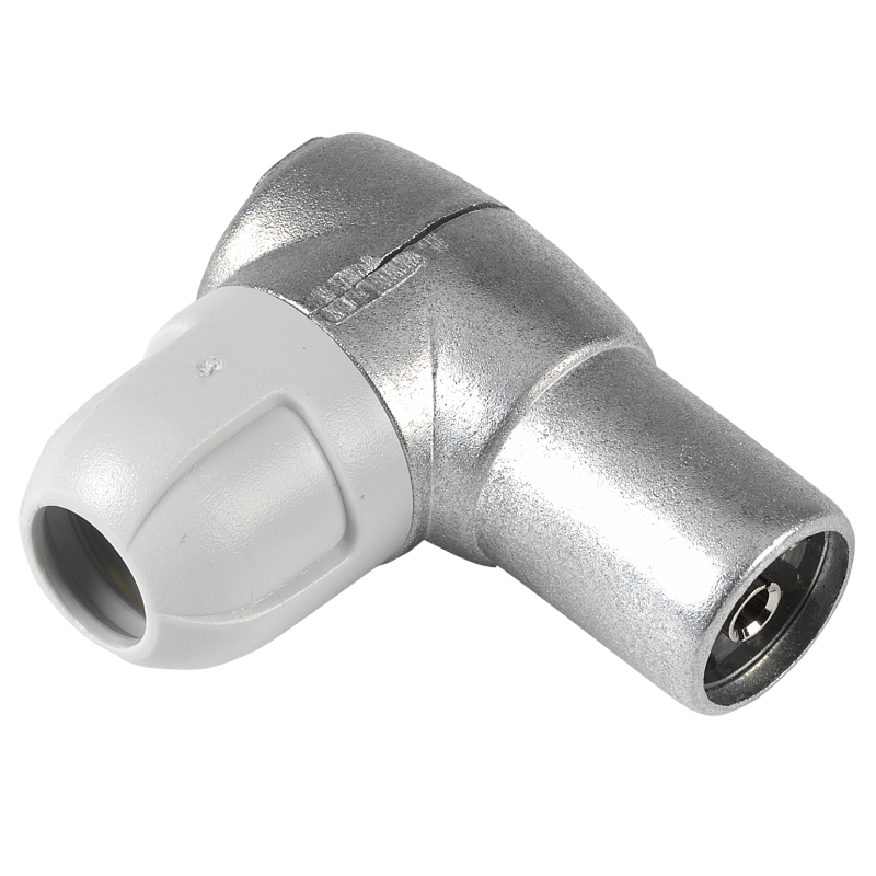 Connettore a 90 gradi IEC schermato Femmina in zamak per cavi coassiali diametro 5-6.9mm TELEVES 4131 Lato