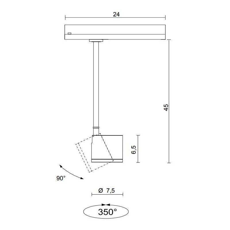 Dimensioni Faretto orientabile led per binario 230V Nero Egoluce 6463.02/WW/40