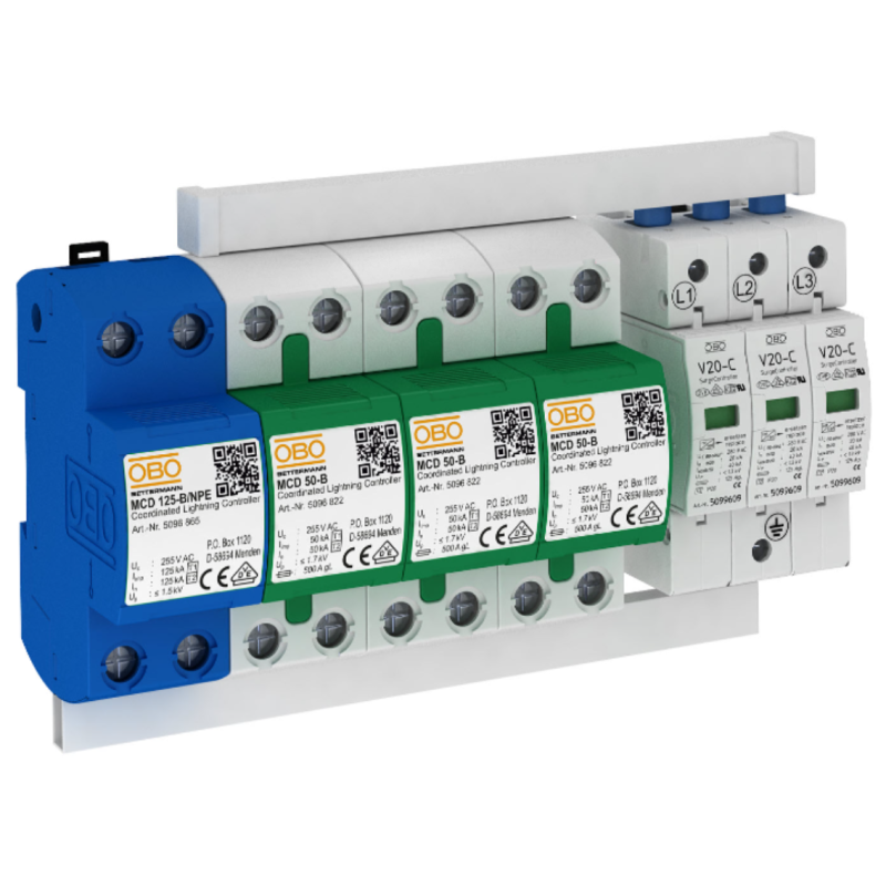 Set protezione fulmini e sovratensioni tipo 1+2 3 poli+N/PE 100kA 255V MCD PS4-B+C TT+TNS OBO 5089761