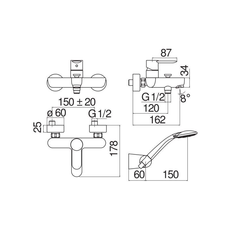 Miscelatore per vasca cromato monocomando con set doccia serie Sand NOBILI CARLO SA99110CR Dimensioni