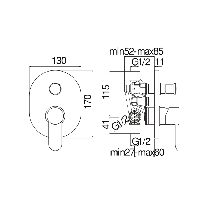 Miscelatore ad incasso per doccia cromato monocomando 2 vie con deviatore serie Sand NOBILI CARLO SA99100CR Dimensioni