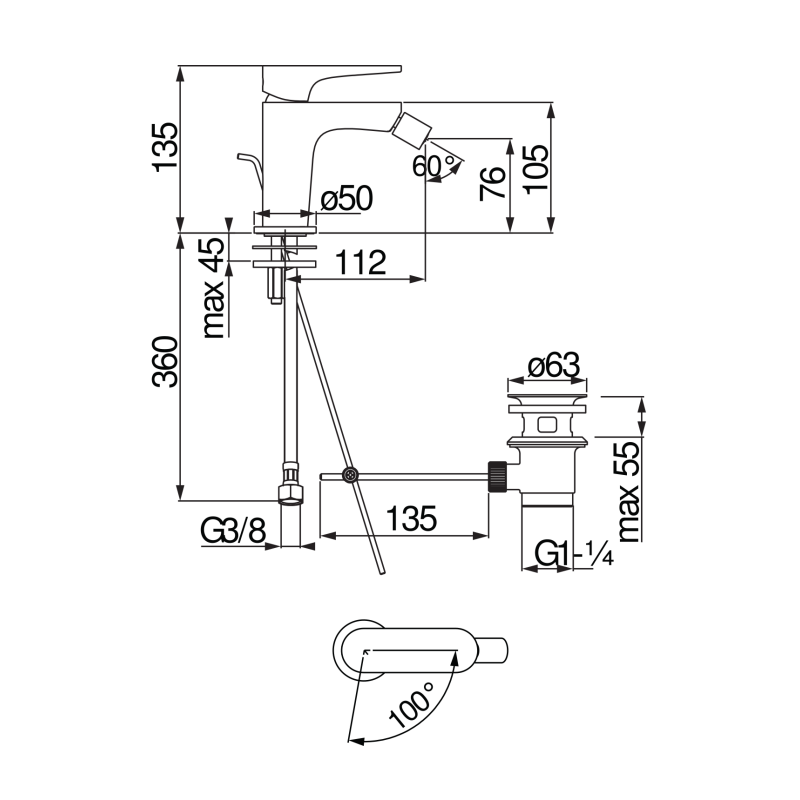 Miscelatore per bidet cromato monocomando a getto orientabile serie Yoyo NOBILI CARLO YOE126119/1CR Dimensioni