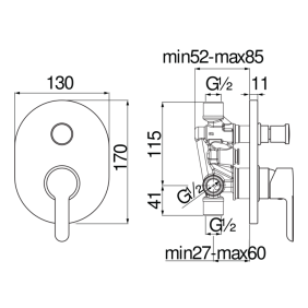 Miscelatore ad incasso per doccia cromato monocomando 2 vie con deviatore serie ABC NOBILI CARLO AB87100CR Dimensioni