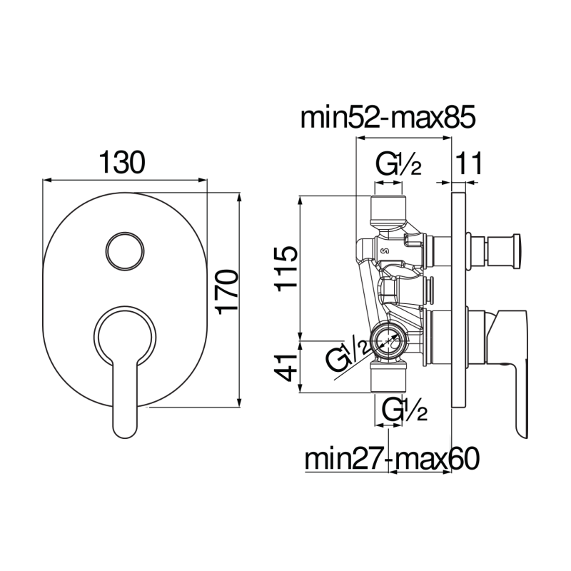 Miscelatore ad incasso per doccia cromato monocomando 2 vie con deviatore serie ABC NOBILI CARLO AB87100CR Dimensioni