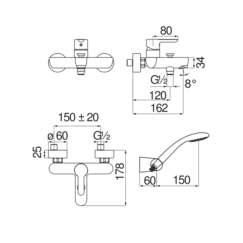 Miscelatore per vasca cromato monocomando con set doccia serie ABC NOBILI CARLO AB87110CR Dimensioni