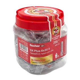 Barattolo tasselli 6x30mm con viti 200 pezzi SX Plus 6x30 S + 1 punta SDS Plus 6mm FISCHER 00570206