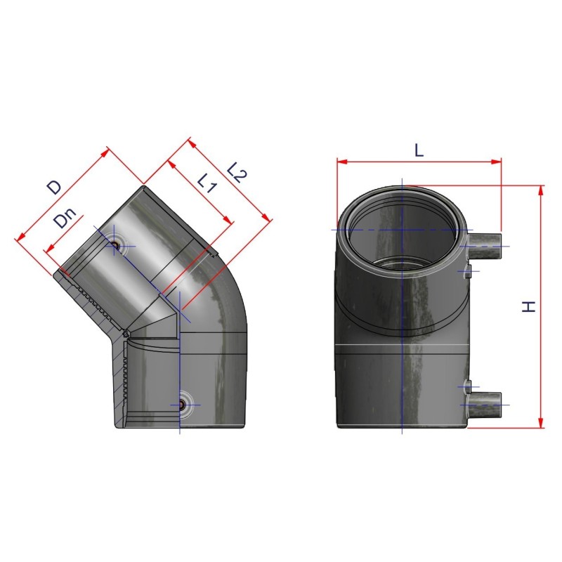 Riferimento dimensioni gomito elettrosaldabile a 45 gradi Nupi