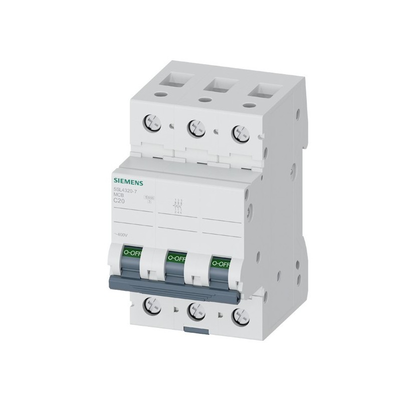 Interruttore magnetotermico a 3 poli 400V 20A curva D Siemens 5SL43208
