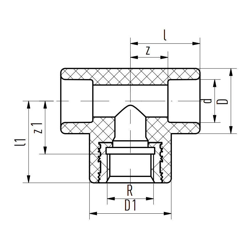 Riferimento dimensioniRaccordo a T con attacco filettato F 40mm per 1/2" Aquatherm 1060040148