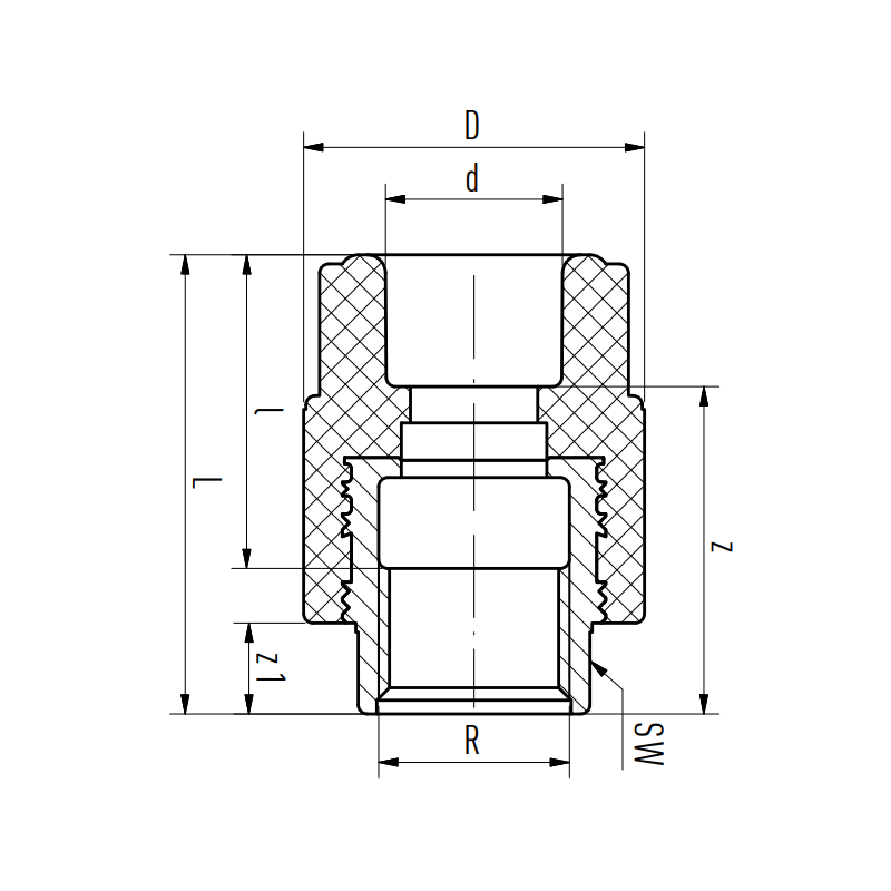 Riferimento dimensioni Raccordo con attacco filettato F 40mm per 1" Aquatherm 1070040014